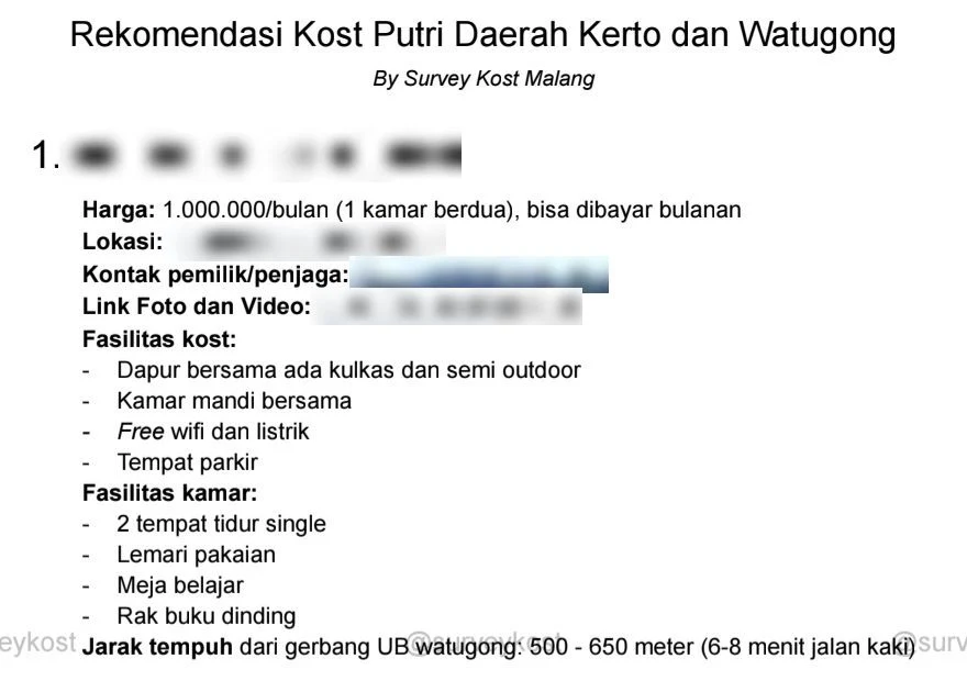 Potongan contoh laporan: harga, fasilitas kost, fasilitas kamar, dan jarak tempuh
